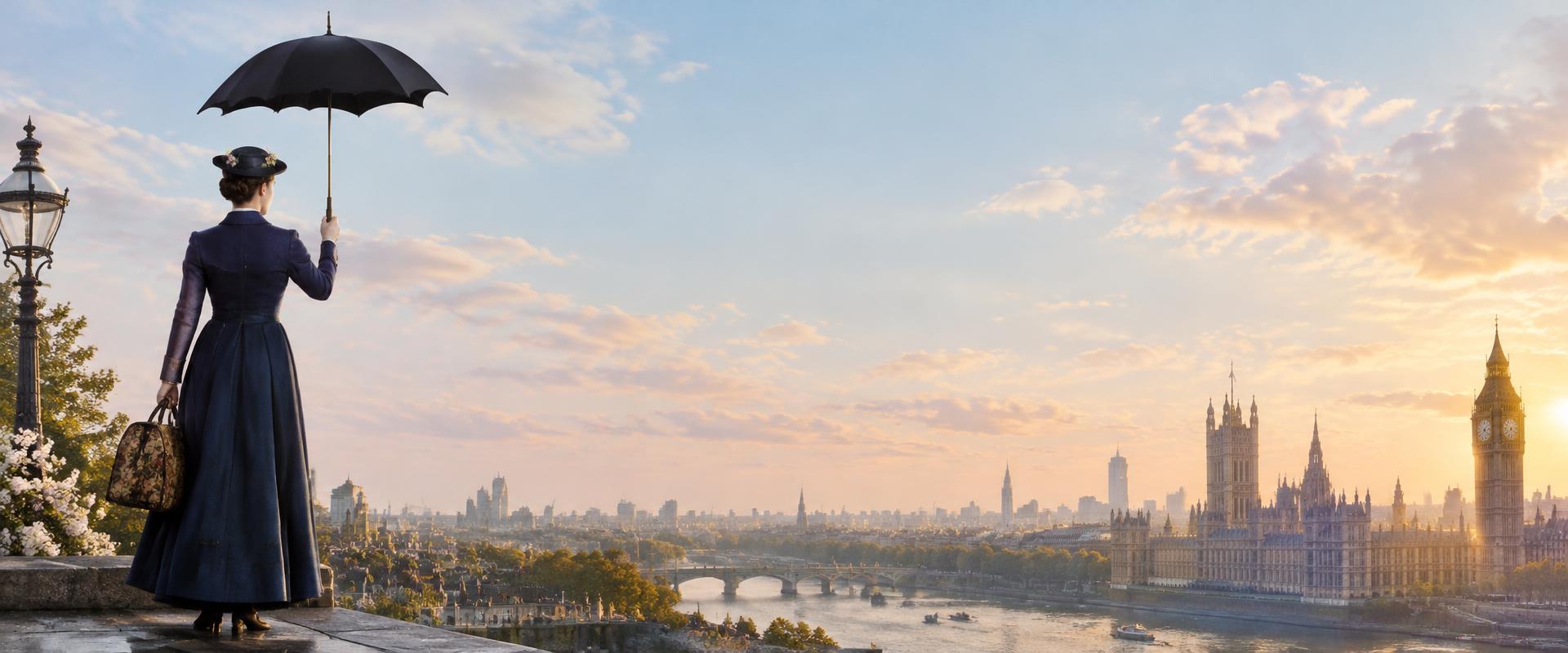 An umbrella-carrying nanny overlooking London's sunlit skyline